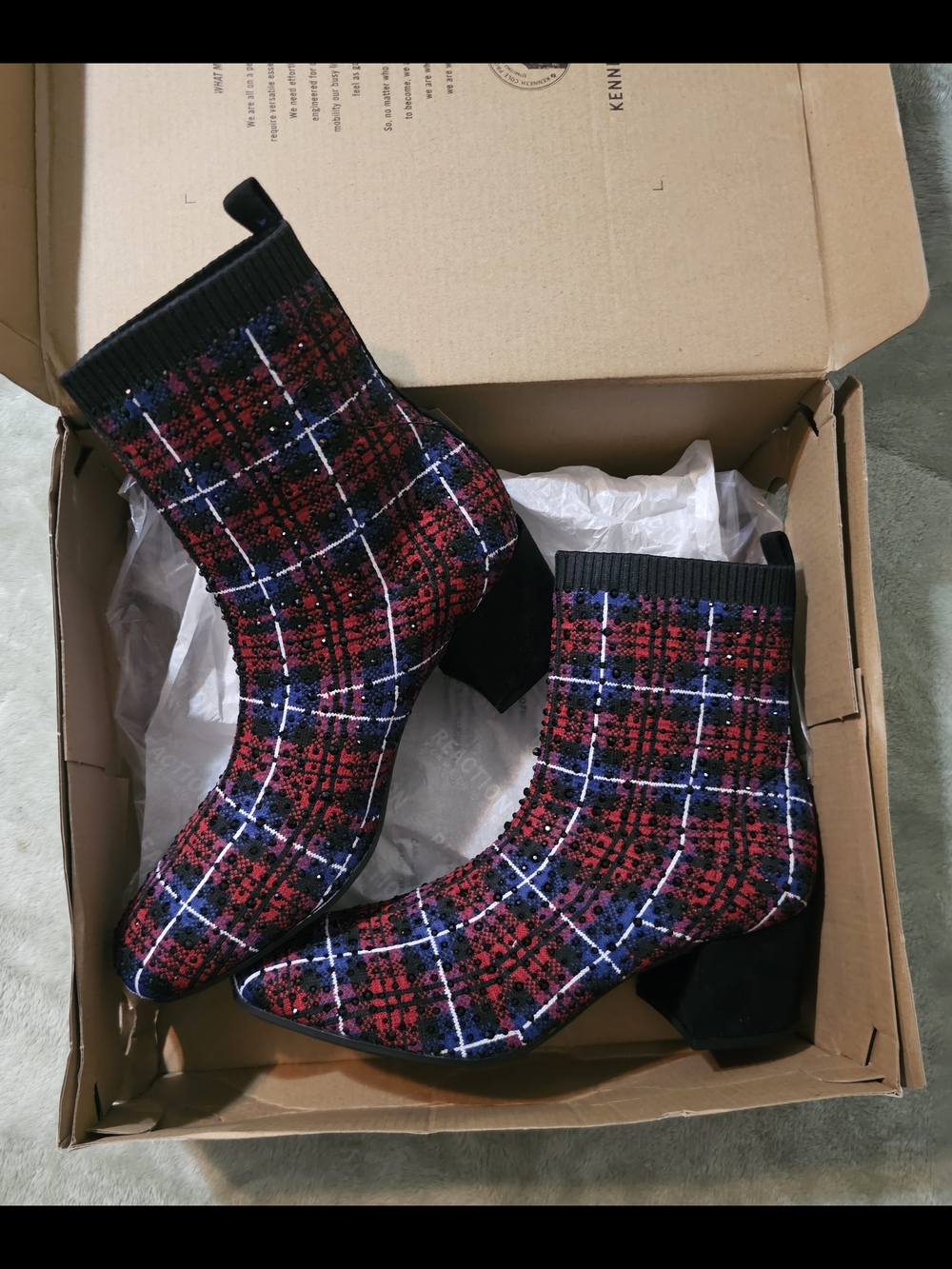 Kenneth Cole Red Plaid Sock Boots Rida Strech Jewel l Sz 7.5 NIB